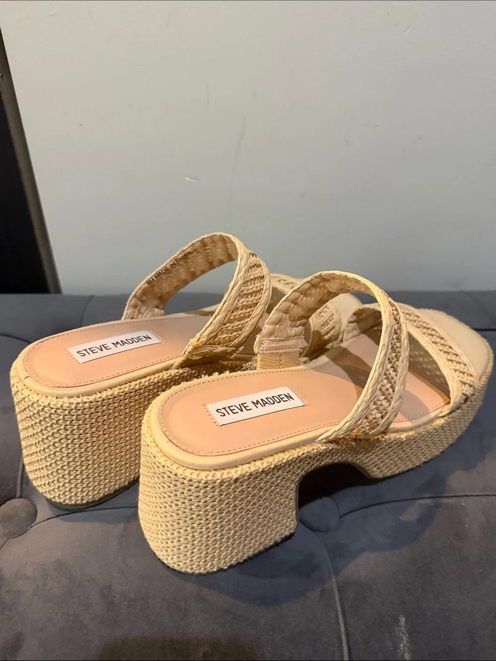 Steve Madden Tan Woven Platform Double-Strap Heels